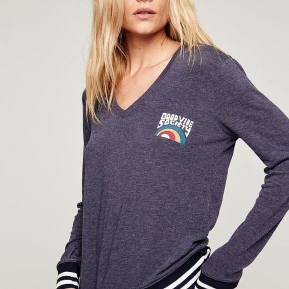 Spiritual Gangster Good Vibe Society Blue V-Neck Savasana Sweatshirt     Size: S - Picture 1 of 5